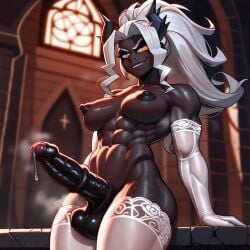 abs ai_generated balls demon demon_girl elbow_gloves foreskin futanari horns judgement_(helltaker) leaking_precum muscular muscular_futanari smile sweat thighhighs veiny_penis wedding_lingerie