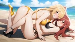 2girls ai_generated beach bikini blonde_hair blush breasts brown_eyes day erza_scarlet fairy_tail full_body hair_over_one_eye half-closed_eyes head_tilt high_heels large_breasts long_hair looking_at_viewer lucy_heartfilia lying ocean outdoors red_hair side-tie_bikini_bottom side_tie_bikini sidelocks smile snazzdaz snazzle stable_diffusion wallpaper watermark