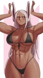 1girls abs animal_ears armpits artist_name ass_visible_through_thighs bikini black_bikini black_choker blush boku_no_hero_academia breasts choker cleavage closed_mouth collarbone dark-skinned_female dark_skin english_commentary female front-tie_bikini_top front-tie_top gud0c hands_up highleg highleg_bikini highres large_breasts long_eyelashes long_hair looking_to_the_side mirko miruko muscular muscular_female my_hero_academia navel parted_bangs rabbit_ears rabbit_girl rabbit_pose red_eyes rumi_usagiyama solo stomach swimsuit thick_thighs thigh_gap thighs toned_female very_long_hair white_hair