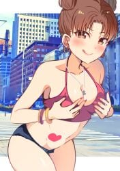 1girls big_breasts bracelet breast_grab breasts city city_background clothing crop_top curvaceous denim_shorts double_bun earrings female female_only grabbing_own_breast heart heart_tattoo hi_res jiyun midriff naruto naruto_(series) naruto_shippuden necklace outdoors pinup prostitute prostitution revealing_clothes short_shorts skimpy skimpy_clothes solo tank_top tenten thick_thighs thighs twin_buns wide_hips