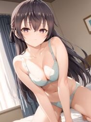 ai_assisted ai_generated bare_arms bare_belly bare_legs bare_shoulders bare_thighs barefoot bed bed_sheet belly_button blush bra breasts brown_eyes brown_hair cleavage closed_mouth collarbone feet lace-trimmed_bra lace-trimmed_panties long_hair medium_breasts on_knees panties sakura_locked shiny_skin suou_yuki thighs toes tokidoki_bosotto_russian_de_dereru_tonari_no_alya-san underwear underwear_only white_bra white_panties