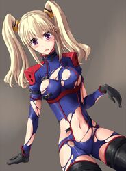 blonde_hair blush bodysuit boots code_geass code_geass:_boukoku_no_akito hair_ornament leila_(code_geass) leila_malcal long_hair medium_breasts purple_eyes ripped_clothing thigh_boots torn_clothes twintails very_long_hair