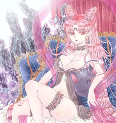 1girls aged_up ass bed bishoujo_senshi_sailor_moon black_lady black_moon breasts chibi_usa choker cleavage dark_persona deep_cleavage earrings eyeopen07118886 female female_only forehead_mark garter jewelry large_breasts lingerie long_hair looking_at_viewer luna-p medium_breasts negligee painted_nails pale_skin pillows pink_hair red_eyes sash sitting solo thighs twintails villainess