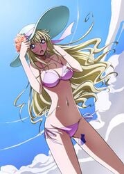 belly_button bikini blonde_hair blush cat_tattoo code_geass code_geass:_boukoku_no_akito hair_ornament hat inner_thigh_tattoo leila_(code_geass) leila_malcal long_hair medium_breasts pink_bikini purple_eyes skinny sun_hat tattoo tattoo_on_legs tattoo_on_thigh very_long_hair