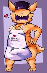 1male a_hat_in_time anthro apron bulge clothing erection eyeless furry_tail hat headgear headwear heart hi_res male male_only moobs nipples no_eyes purple_background purple_mouth purple_tongue salamikii smile solo suggestive the_conductor thick_thighs wholesome