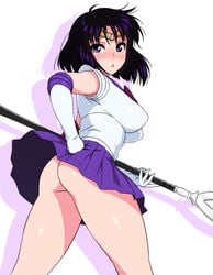 :o ass bishoujo_senshi_sailor_moon blush breasts choker clothing erect_nipples erect_nipples_under_clothes female female_only from_behind gloves hotaru_tomoe jewelry jinroku large_breasts leotard sailor_saturn serafuku short_hair short_skirt skirt solo staff tiara upskirt weapon