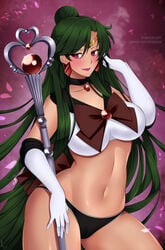 bikini bishoujo_senshi_sailor_moon black_panties choker clothed clothing earrings gloves green_hair hairbun jewelry large_breasts lindaroze lipstick long_hair panties pose red_eyes sailor_collar sailor_pluto setsuna_meiou small_breasts smile solo staff tan_skin thick thick_thighs thighs tiara underwear very_long_hair