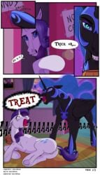 2019 absurd_res alicorn anus ass blue_eyes cutie_mark dialogue dock door duo english_text equid equine f0rever13 female feral friendship_is_magic grin hi_res hooves horn mammal my_little_pony nightmare_moon_(mlp) open_mouth princess_luna_(mlp) pussy rarity_(mlp) smile text unicorn wings