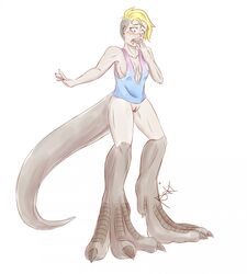 2019 4_toes 5_fingers blonde_hair bottomless breasts clothed clothing dinosaur female fingers grey_body grey_skin hair hi_res human mammal piritos03 pussy reptile scalie shocked simple_background slinkydragon_(colorist) solo toes transformation white_body white_skin