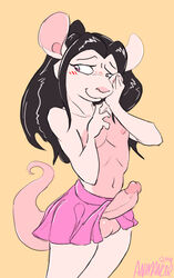 animancer anthro blush bottomwear clothed clothing dress erection femboy fur furry furry_only girly humanoid_penis male male_only mammal mouse murid murine no_underwear penis rat rodent skirt solo tail topless vel