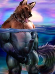 2019 absurd_res animal_genitalia animal_penis anthro balls black_nose brown_body brown_eyes brown_fur brown_skin canid canine canine_penis canis collar domestic_dog eyebrows fur german_shepherd herding_dog hi_res killianwalker knot male male_only mammal muscular_thighs nude pastoral_dog penis red_penis sea sky smile solo standing sun tongue tongue_out water