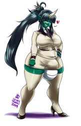 1futa balls big_breasts black_hair bulge cosplay cyclops futa_only futanari grinning heels horn intersex kneesocks_daemon_(cosplay) lexustanuki panty_&_stocking_with_garterbelt ponytail sharp_teeth skekruk solo_futa stockings tie uniform