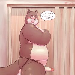 1:1 1boy 2019 absurd_res anthro ass belly bfkitsu1550 blush blushing brown_fur canid canine canis clothing curtain domestic_dog english_text erection furry hi_res humanoid_hands humanoid_penis male male_only mammal moobs penis shower_curtain slightly_chubby solo tail text underwear white_fur