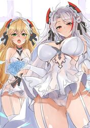 2girls admiral_hipper_(azur_lane) antenna_hair azur_lane blonde_hair blush bouquet breasts bridal_gauntlets bridal_veil cameltoe dress flat_chest flower garter_straps garters green_eyes headgear highres large_breasts luse_maonang multicolored_hair multiple_girls open_mouth panties prinz_eugen_(azur_lane) prinz_eugen_(symphonic_fate)_(azur_lane) red_eyes red_potato_rinrin sapphire_(gemstone) source_request streaked_hair two_side_up underwear veil wedding_dress white_dress white_flower white_hair white_panties