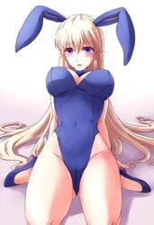 blonde_hair blush bunny_ears bunnysuit cameltoe code_geass code_geass:_boukoku_no_akito heels kazumoto_saori leila_(code_geass) leila_malcal leotard long_hair medium_breasts on_knees purple_eyes very_long_hair