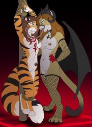 2019 alex_marx alexthecatte anthro bondage bound breasts brown_hair collar cougar demon digital_media_(artwork) dominatrix duo dusty_(baldrek) fangs felid feline female female/female fur hair horn jailbird licking long_tongue mammal nipple_piercing nipples nude open_mouth pantherine piercing prehensile_tongue pussy rope smile stripes tiger tongue tongue_out wings yuri