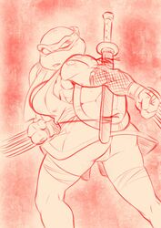 anthro ass big_breasts bottomless breasts claw_(weapon) clothed clothing female fishnet gallogally gallygallo hi_res jennika_(tmnt) looking_back melee_weapon monochrome muscular muscular_female non-mammal_breasts pussy reptile scalie shell solo sword teenage_mutant_ninja_turtles thigh_strap turtle weapon