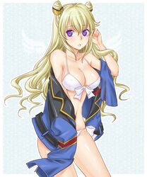 1girls big_breasts bikini blonde_hair bra cleavage code_geass code_geass:_boukoku_no_akito hair_bun hair_ornament leila_(code_geass) leila_malcal long_hair medium_breasts military_uniform panties purple_eyes solo twin_buns very_long_hair white_bra white_panties