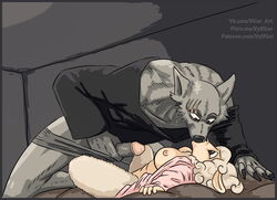 2019 5_fingers beastars black_nose bottomless bovid breasts canid canine canis caprine clothed clothing comic digital_media_(artwork) domestic_sheep female fingers fur hi_res humanoid_penis imminent_sex kissing legoshi_(beastars) lying male mammal manga merino_sheep on_back open_shirt pants_down partially_clothed penis sebun_(beastars) sheep shirt size_difference spread_legs spreading straight topwear undressing vylfgor wolf