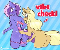 2019 anthro ass balls berry_frost breasts cheese_quesadilla clothing dialogue digital_media_(artwork) duo english_text equid equine fan_character female freckles girly hair holding_object holding_sex_toy humor long_hair male malesub mammal meme my_little_pony open_mouth pattern_background pink_nose sex_toy simple_background straight striped_background text whisperfoot