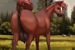 2019 anatomically_correct anatomically_correct_anus anatomically_correct_genitalia anatomically_correct_pussy animal_genitalia animal_pussy anus ass crotchboobs detailed_background dock equid equine female female_feral feral grass hi_res horse horsepussy huge_crotchboobs looking_at_viewer mammal mare mercurial64 outside pussy rainstorm raised_tail smile solo solo_female solo_feral tree