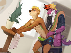 2019 2boys 5_fingers absurd_res anthro anthro_on_anthro anthro_penetrated anthro_penetrating anthro_penetrating_anthro blonde_hair brown_body brown_fur brown_nose clothed clothing daxxe_(character) digital_media_(artwork) dinosaur fingers fur gay green_penis hair hi_res hinar_miler humanoid_penis lutrine male male/male male_only male_penetrated male_penetrating male_penetrating_male mammal marine mario_(series) mustelid nintendo partially_clothed penetration penis purple_body purple_skin reptile scalie video_games yaoi yoshi