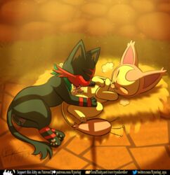 2019 2girls anus black_border blush bodily_fluids cunnilingus digital_media_(artwork) duo feline female female_only feral feral_on_feral furry genital_fluids heavy_breathing litten mammal nintendo open_mouth oral original_character patreon pokémon_(species) pokemon pokemon_(species) pokemon_mystery_dungeon pokemon_rse pokemon_sm pussy pussy_juice rymherdier scarf sex skitty smile text tongue tongue_out url vaginal_penetration video_games watermark wet yuri