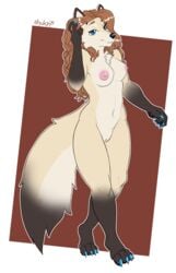 2019 4_toes 5_fingers anthro areola bedroom_eyes black_nose blue_eyes breasts brown_body brown_fur brown_hair canid canine canis chest_tuft claws digital_media_(artwork) digitigrade dipstick_tail eyebrows female fingers full-length_portrait fur gloves_(marking) hair half-closed_eyes hand_in_hair hi_res leg_markings long_hair looking_at_viewer mammal markings medium_breasts multicolored_body multicolored_fur multicolored_tail navel nipples nude paws pink_nipples portrait pose pussy seductive shukin signature simple_background smile smirk socks_(marking) solo standing tan_body tan_fur toe_claws toes touching_hair tuft wolf