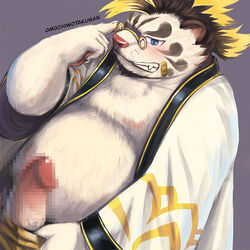 1:1 2019 anthro blue_eyes blush censored clothing erection eyewear felid fur glasses humanoid_hands humanoid_penis licho_(tokyo_afterschool_summoners) male male_only mammal omochiwotakusan overweight overweight_male pantherine penis robe simple_background solo tiger tokyo_afterschool_summoners video_games white_body white_fur