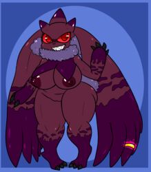 2019 anthro arurri ass azureinthedark big_breasts big_eyes breasts claws digimon digimon_(species) fan_character female grin hi_res horn looking_at_viewer lopmon lopmon_x neck_fur nipples nude pussy red_eyes red_sclera ring sharp_teeth shortstack simple_background smile solo teeth thick_thighs x-digimon