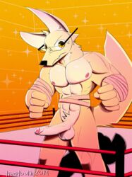 2019 angry anthro balls bandage barazoku blush boxer_(disambiguation) canid canine canis digital_media_(artwork) embarrassed erection eyewear fighting_ring fist foreskin fur glasses hi_res humanoid_penis looking_at_viewer male male_only mammal muscular muscular_male nerd nipples nude pecs penis shy simple_background solo sparkles tigertooth uncut wolf wrestling