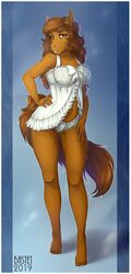 2019 5_toes anthro bastika biped border breasts brown_body brown_eyes brown_fur brown_hair clothed clothing constance_mayflower_(character) digital_media_(artwork) equid equine feet female fur hair hand_on_hip hi_res horse humanoid_feet lace lingerie long_hair looking_at_viewer mammal pinup pose simple_background smile solo standing toes white_border