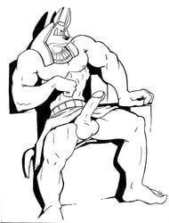 2002 anubian_jackal anubis balls canid canine canis deity egyptian_mythology erection humanoid_penis jackal male male_only mammal middle_eastern_mythology monochrome muscular muscular_male mythology penis poop_(artist) solo