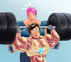 2016 2d 2girls artist_name big_muscles blizzard_entertainment brown_eyes brown_hair clothed extreme_muscles female female_only fingerless_gloves fingernails gloves green_eyes muscular muscular_female nail_polish open_mouth overwatch pegius pink_nail_polish purple_hair tracer veiny_muscles weightlifting workout zarya