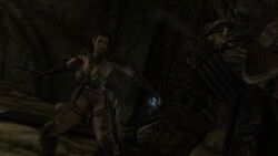 bethesda_softworks bikini_armor breton cleavage dagger dark_image dungeon female game_screenshot indoors large_breasts leather screencap short_hair skyrim the_elder_scrolls thick_thighs thong