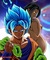 1boy 1boy1girl 1girls :o areola black_hair blue_eyes blue_hair breast brown_eyes butt_crack clothed clothed_male clothed_male_nude_female clothing covering dragon_ball dragon_ball_super earring earrings fully_clothed green_fur holding_object kale kaleverse long_black_hair long_hair looking_at_viewer looking_back looking_back_at_another muscle muscles muscular muscular_female muscular_male naked naked_female nude nude_female nude_female_clothed_male one_breast_out outer_space pelt pink_lips saiyan son_goku super_saiyan_blue thick_ass thick_thighs thigh_gap thigh_highs thighhighs thighs twitter universe_6/universe_7 universe_6_saiyan/universe_7_saiyan voluptuous voluptuous_female