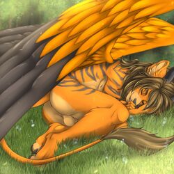 1:1 2019 anthro closed_eyes day detailed_background digital_media_(artwork) feathered_wings feathers felid feline fur grass hair hi_res horn hybrid lying male male_only mammal on_side orange_body orange_feathers orange_fur outside sleeping solo sunnyowi wings