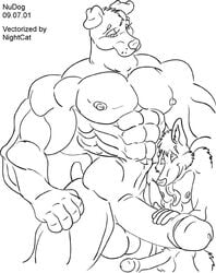 2001 anthro balls big_balls big_penis black_and_white canid canine canis domestic_dog duo humanoid_penis larger_male male male/male mammal mastiff molosser monochrome nipples nude nudog penis retracted_foreskin rottweiler size_difference sketch smaller_male uncut