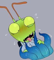 absurd_res anthro arthropod blush bodily_fluids clothed clothing faggotrat hi_res male male_only mantis open_mouth praying_mantis reggie_mantos saliva solo tentacle tongue tongue_out vermin_(series)