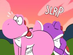 anal animated anthro big_penis detailed_background english_text femboy huge_cock implied_oral implied_rimming komdog komponi male male_only mario_(series) nintendo oral penis pink_yoshi purple_yoshi rimming sex shocked text vein veiny_penis video_games yoshi