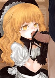 black_gloves blonde_hair braid censored eyelashes gloves hat lace long_hair marisa_kirisame messiahsyndrome oral touhou veiny_penis yellow_eyes