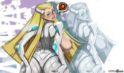 1girls anarchy_reigns apple_butt areola areolae ass big_breasts big_butt blonde_hair blue_eyes breasts bubble_ass bubble_butt curvaceous curvy cyborg eyelashes eyeshadow female_focus hand_on_hip hip hip_grab kamina1978 legs long_hair looking_at_viewer medium_breasts navel nipples platinum_blonde_hair sasha_ivanoff smile smiling symbol voluptuous waist watermark