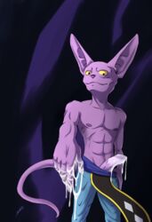 absurd_res anthro balls beerus bodily_fluids boner bottomwear clothed clothing cum demanding domestic_cat dragon_ball dragon_ball_super dragon_ball_z erection excessive_cum felid feline felis genital_fluids hi_res humanoid_penis male male_only mammal muscular muscular_male pants penis presenting silas_blackwing solo topless