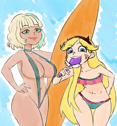 2girls big_breasts blonde_hair blue_background blue_eyes busty disney disney_channel dyed_hair female female_only green_eyes hand_on_hip jackie_lynn_thomas large_breasts looking_at_viewer midriff mrlncon nail_polish navel pale-skinned_female pose posing royal_magic_wand sling_bikini smile star_butterfly star_vs_the_forces_of_evil string_bikini surfboard tagme tan-skinned_female wand