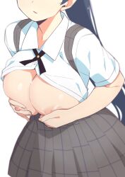 1girls blush breasts_out ebino_mei face_out_of_frame hatsukoi_zombie holding_breast large_breasts long_hair morisobo mouth_open no_bra ponytail school_uniform skirt suspenders teenager