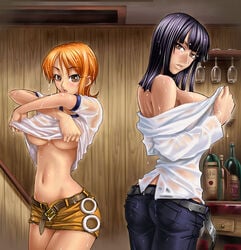 2girls ass belt black_hair blush breasts denim female female_only jeans kagami kagami_hirotaka large_breasts legs long_sleeves midriff miniskirt multiple_girls nami nico_robin one_piece orange_hair pants pencil_skirt pre-timeskip shirt short_hair skirt thighs underboob undressing wet wet_clothes wet_shirt