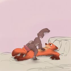 1:1 anthro anthro_on_anthro ass balls bed breasts brown_body brown_fur canid canine cerebral_knievel dipstick_ears dipstick_tail disney erection female flat_chest fox fur furniture girl_on_top gloves_(marking) green_eyes grey_body grey_fur hi_res judy_hopps knot leg_markings light lighting looking_at_another lying male mammal markings multicolored_ears multicolored_tail nick_wilde nude on_back on_bed orange_body orange_fur penis pink_background purple_eyes pussy red_fox scut_tail shadow side_boob simple_background smile socks_(marking) straddling straight zootopia