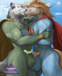 2boys anthro balls_outline ballsack_outline bangs bara big_balls big_bulge big_penis blonde_hair bodysuit bodysuit_bulge bulge bulge_frottage canid canine canis cape closed_eyes clothed duo equid equine excessive_saliva french_kiss fur gay grey_fur horse inner_ear_fluff interspecies kissing male male/male male_only mammal muscle muscles muscular muscular_male passionate penis_outline saliva skintight tuft vpl wolf yaoi zorrore