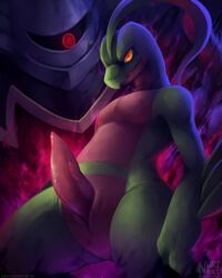 1boy 2019 abstract_background animal_genitalia anthro armpits aura belly cloaca duo dusknoir erection feral genital_slit ghost glowing glowing_eyes green_body green_skin grovyle grovyle_the_thief hypnosis looking_at_another looking_at_viewer male male_only mind_control nintendo no_nipples nude nurinaki one_eye original_character patreon penis pokémon_(species) pokemon pokemon_dppt pokemon_mystery_dungeon pokemon_rse possession presenting presenting_penis red_body red_eyes red_skin scalie size_difference slit smaller_male solo_focus standing tapering_penis text url veins veiny_penis video_games watermark yellow_sclera