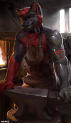 2019 anthro anvil apron black_body black_fur blacksmith bulge canid canine canis chunie claws clothing collar cybernetics cyborg detailed_background digital_media_(artwork) erection fox fur grin hair hi_res hybrid inside looking_at_viewer machine male male_only mammal muscular muscular_male red_body red_fur red_hair smile solo wolf